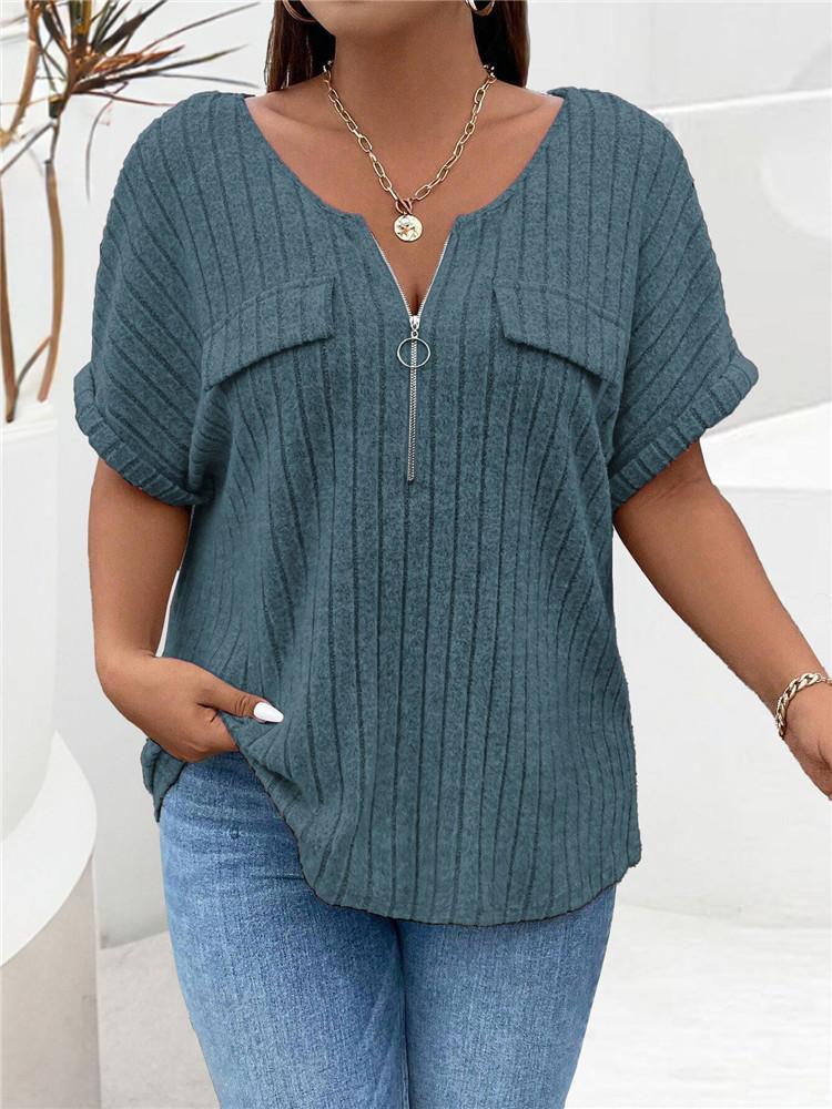 Solid Color Zipper Short Sleeve Casual Pullover T Shirt Women Loose Clothes Fashion Female Tee V-Neck Streetwear Plus Size Tops