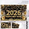 Black Gold Happy New Year 2026 Banner, New Years Eve 2026 Banner, NYE Party Decorations Photo Background for Boys, Girls, Friends, Celebrations Party