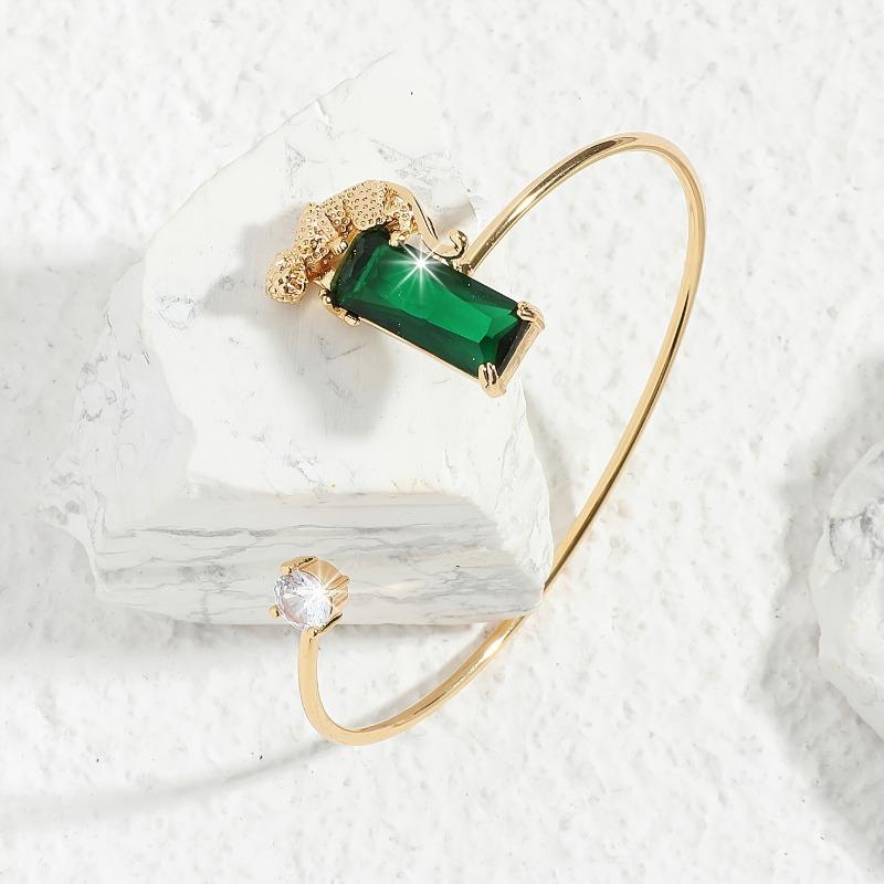 Fashion Green Leopard Rectangular Crystal Earrings Necklace Bangle 3 Piece Set Banquet Wedding Jewelry Set Birthday Gift