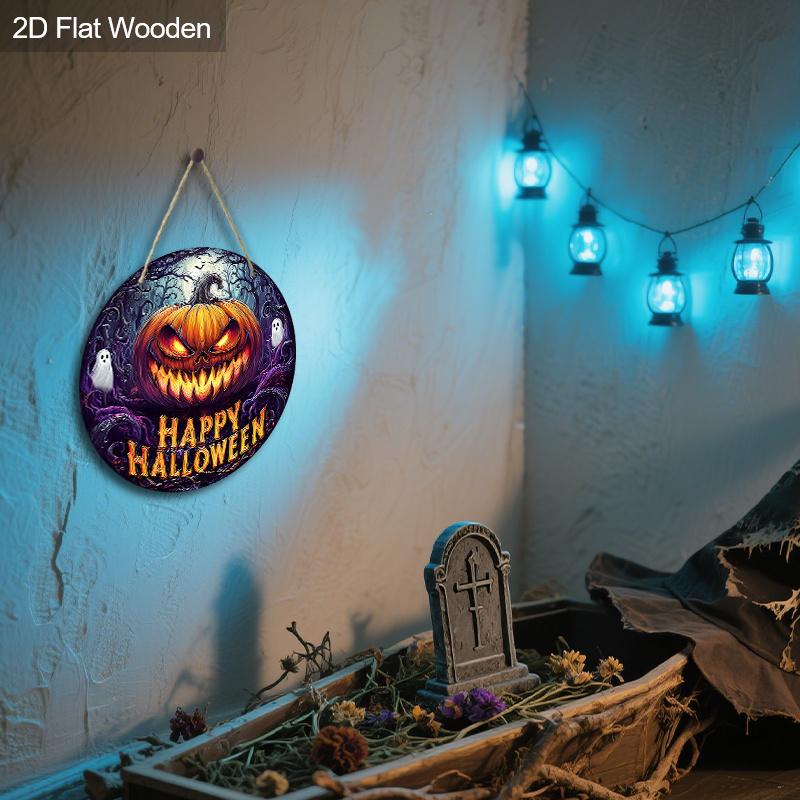Happy Halloween Wooden Sign with Terrifying Pumpkin Pattern - Unique Figurine Ornaments - Ideal for Front Door, Farm, Porch Decor