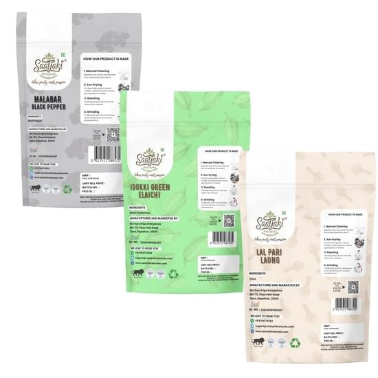 Saatyaki Naturals Combo Pack of 3 - Elaichi + Laung + Black Pepper 50gm Each| Green Cardamom, Cloves & Kali Mirch for Cooking, Chai Masala, Kadha