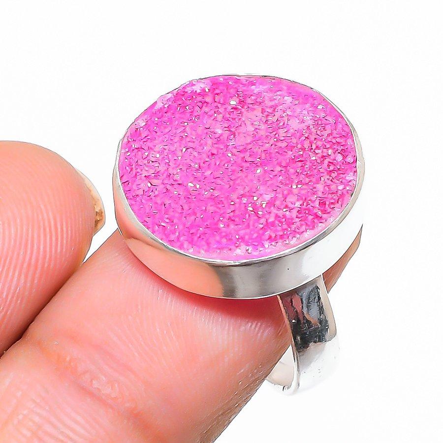 Pink Druzy Gemstone 925 Sterling Silver Jewelry Ring Size Adjustable GK-4394
