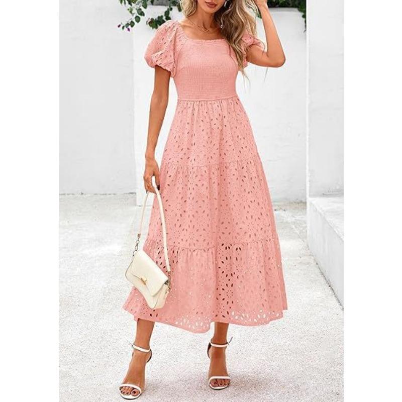 Женское платье с квадратным воротником, рукавами-фонариками, короткими рукавами и сетчатой вставкой