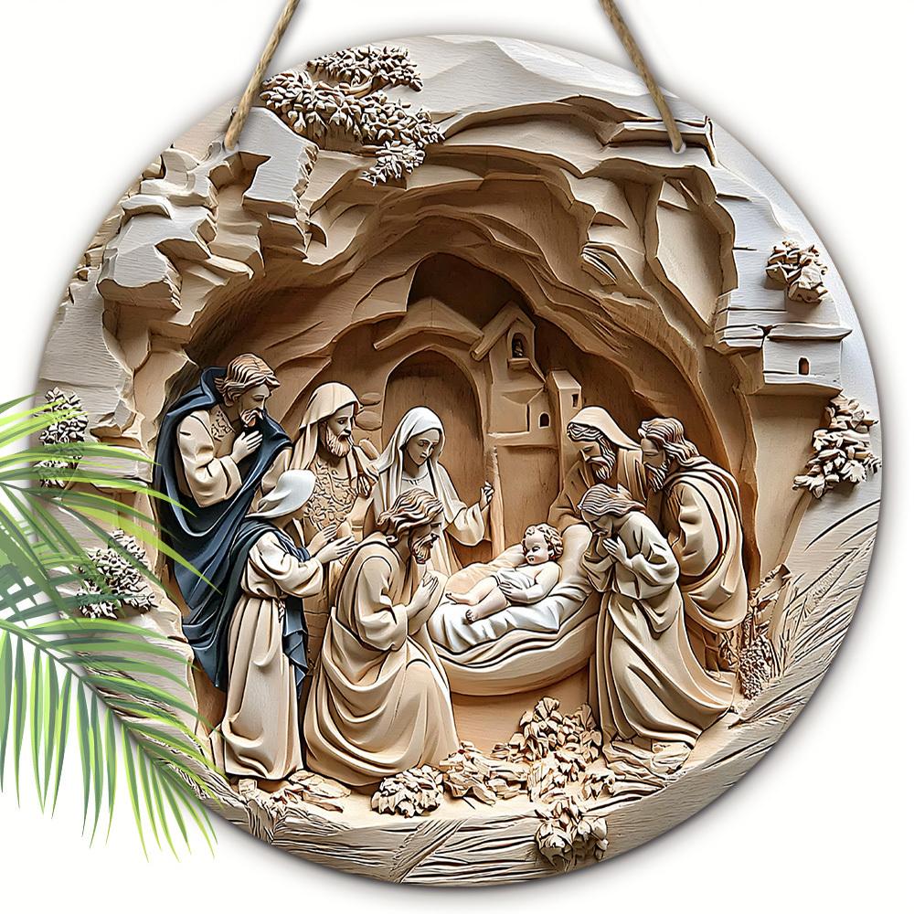 5 шт. Деревянная вывеска с изображением рождественской сцены - 2D плоская круглая 7,87 дюйма Рождественский настенный декор, универсальное праздничное подвесное украшение для дома, сада и праздничной вечеринки