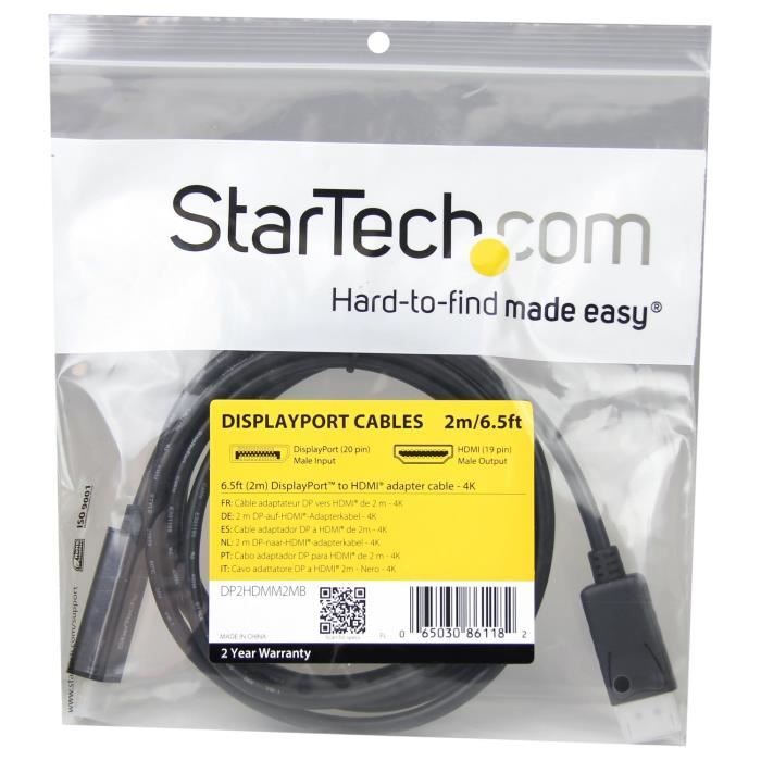 Câble adaptateur DisplayPort vers HDMI - STARTECH.COM - 2 m - 4K - Compatible HDCP/DPCP - Noir