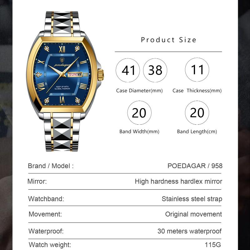 POEDAGAR Luxury Stainless Steel Watches for Man Luminous Waterproof Date Week Men Watch Tonneau Case Men's Quartz Watches