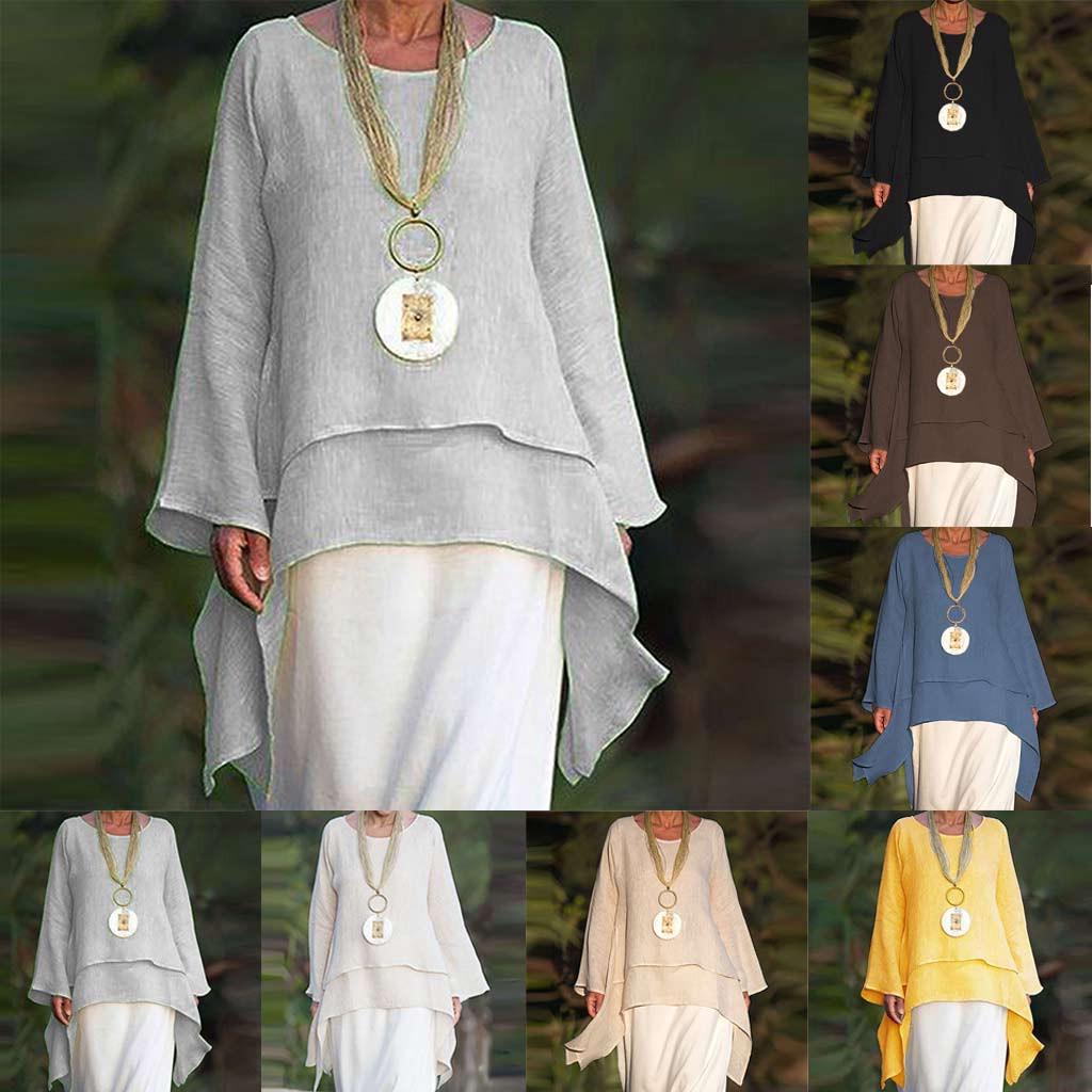 Women Fashion Plus Size Irregular Casual Linen Long Sleeve Neck Blouse