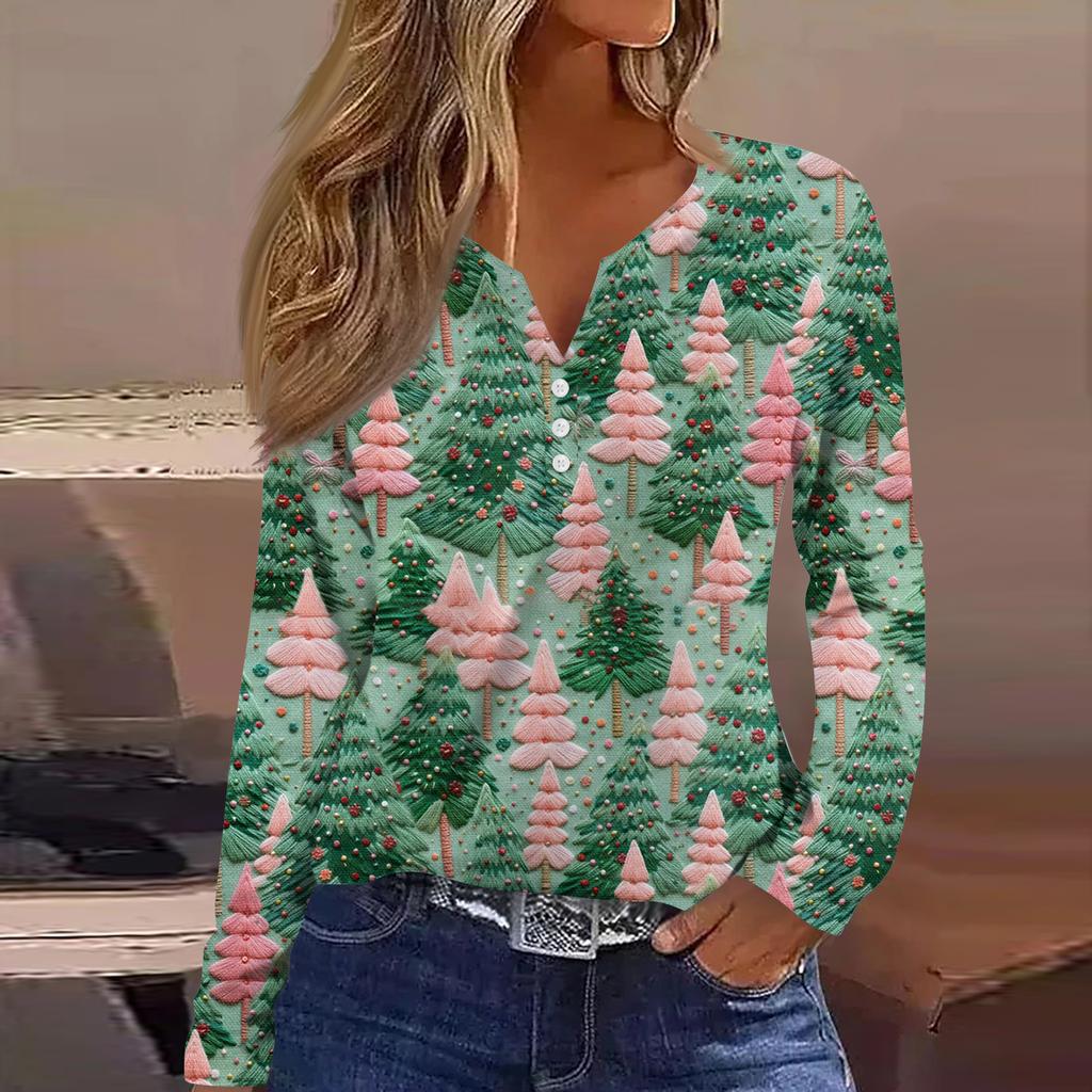 Women's Fashion Casual V-Neck Button-Up Long-Sleeve T-Shirt With Christmas Print Top