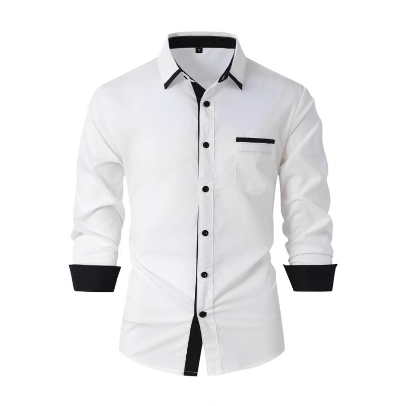 Men Contrast Black Trim Pocket Full Button Long Sleeve White Dress Shirt