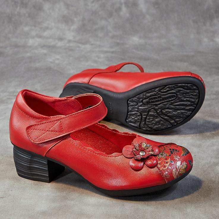 Johnature Женская обувь из натуральной кожи с принтом в этническом стиле, туфли-лодочки в стиле ретро с круглым носком, на толстом каблуке и на мягкой подошве