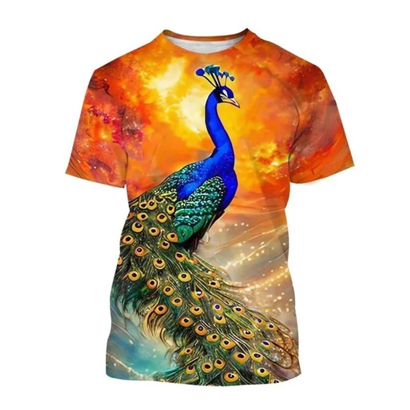 New Peacock 3D Printing Men's And Women's Fashion T-shirt Animal Color Feather Fan O Neck Short-sleeved Oversize Casual Tops Tee