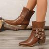 Retro Western Booties Women's New Pointed Toe Metal Belt Buckle Non-Slip Side Zipper Non-Slip Block Heel Single Boots