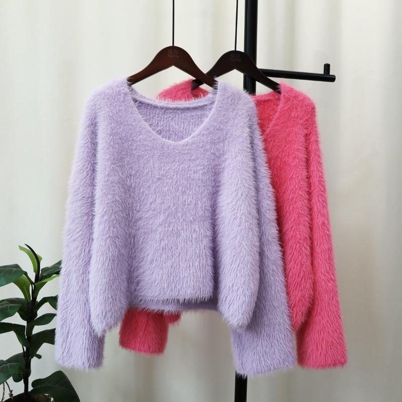 Imitation Mink Fleece Sweater Pullover Women's Autumn and Winter New Gentle Wind Soft Waxy Loose Short Knitted Sweater Top