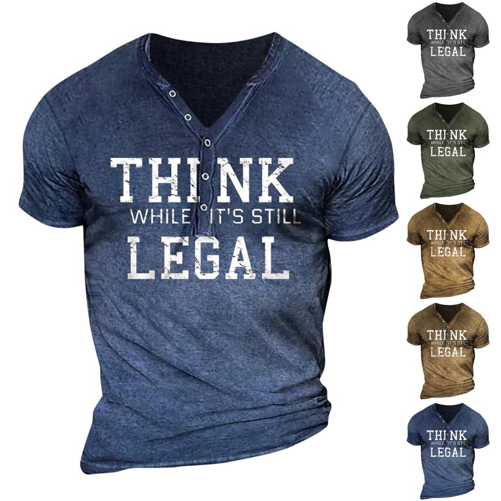 Men's Summer Casual Letter Pattern Print Button V Neck Short Sleeve T-Shirt Men Tops