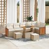 9-piece Garden Sofa Set with Beige Cushions Rattan Acacia, 2-seater Garden Sofa with Beige Cushions 3363326