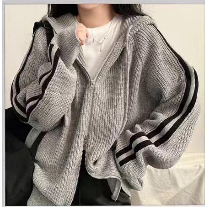 Korean Chic Striped Drawstring Hooded Knit Cardigan for Women - Loose Fit, Long-Sleeved, Autumn/Winter Style