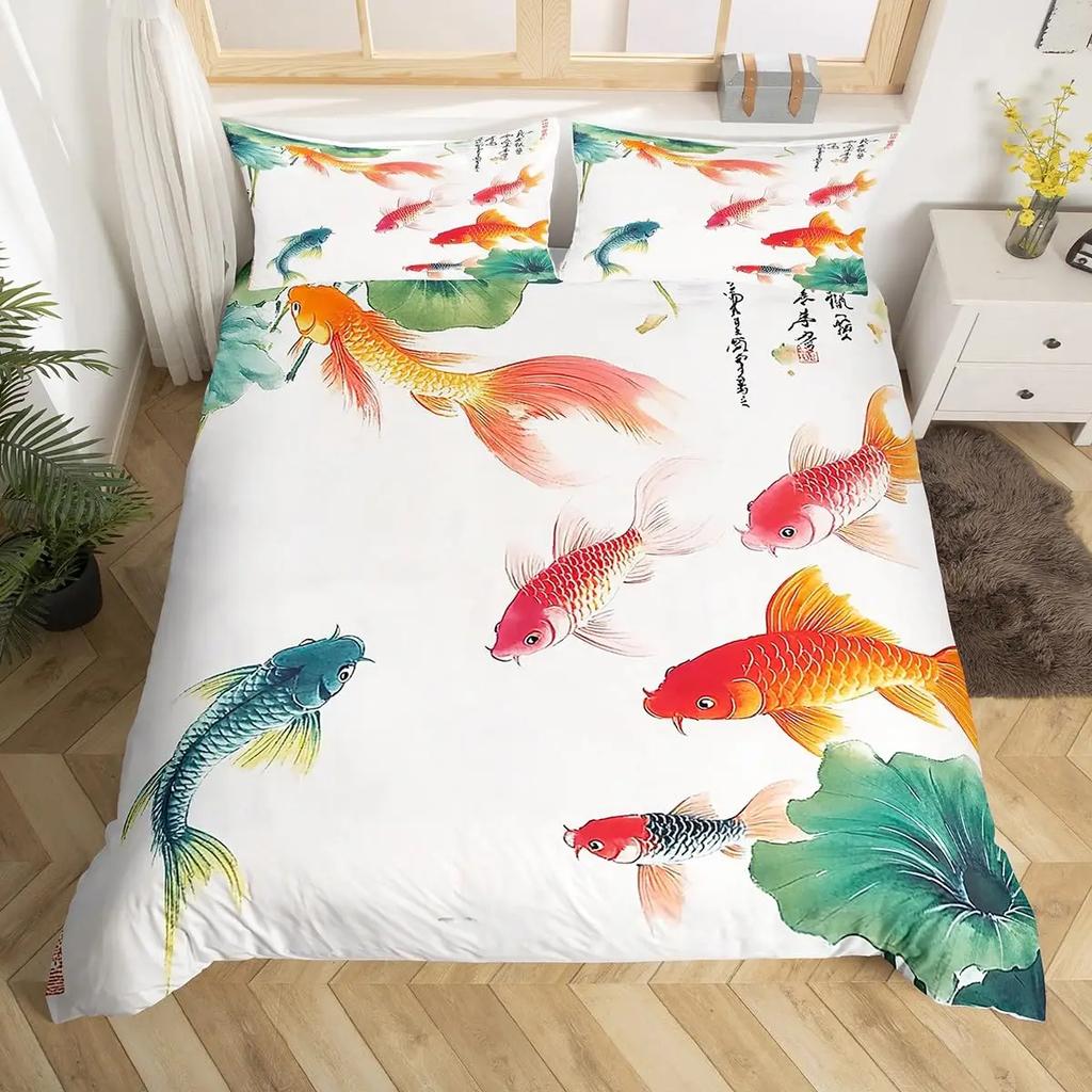 Goldfish Bedding Set Fantasy Yin Yang Fish Duvet Covet Cherry Blossom Flowers Theme Blue Sea Wave Breathable Bedding Set