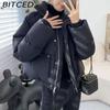 BITCED Short Stand-Up Collar Cotton Jacket for Women - Minimalist Oversized Fit Zipper Puffer Coat Solid Color