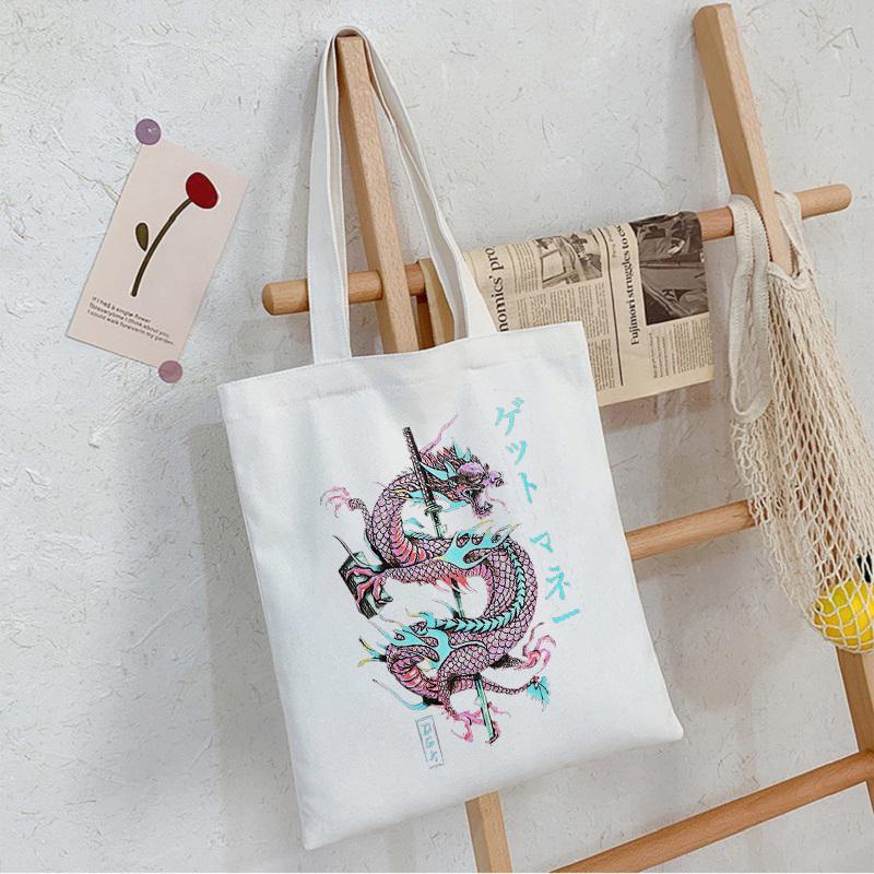 Japanese Gothic Dragon Anime Print Punk Canvas Bag Harajuku Y2K Shopper Bags Large Capacity Vintage Cartoon Women's Shoulder Bag