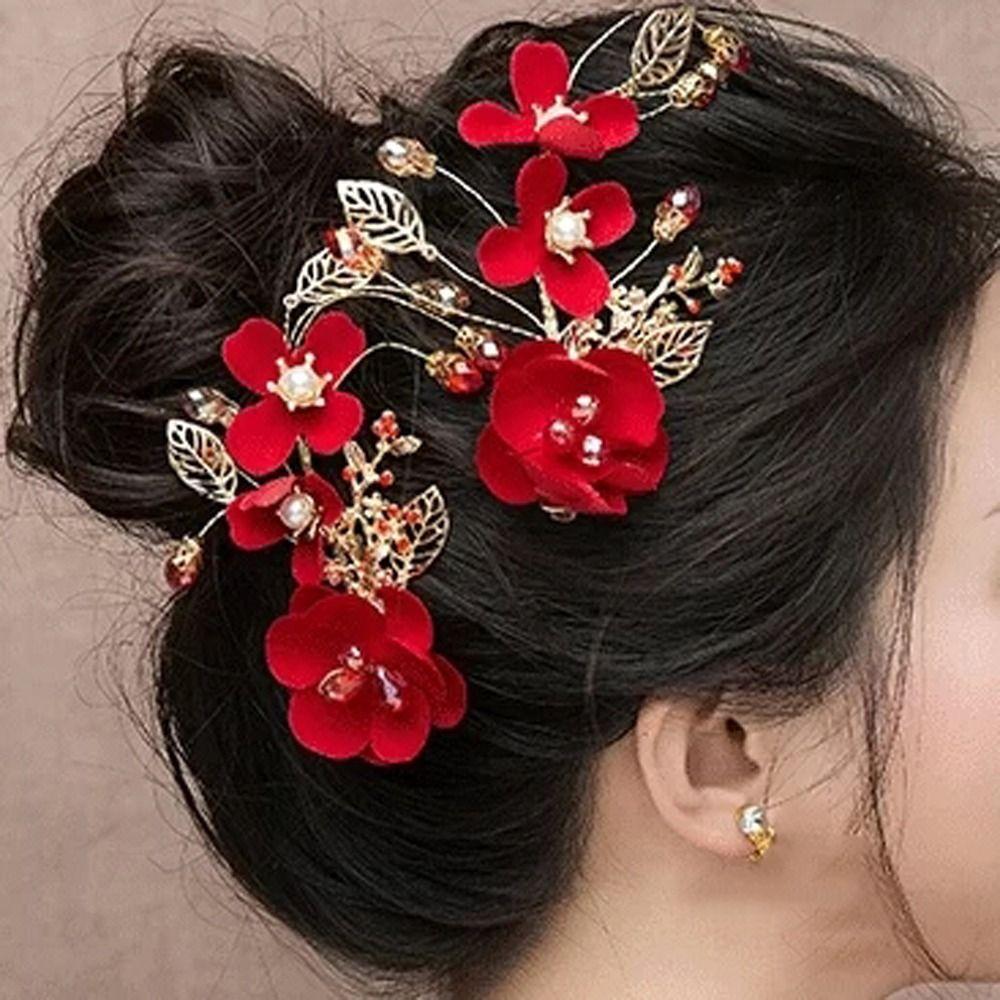 New Year Red Flower Festival Hairpins Women Barrettes Chinese Hanfu Hair Clips Duckbill Clips