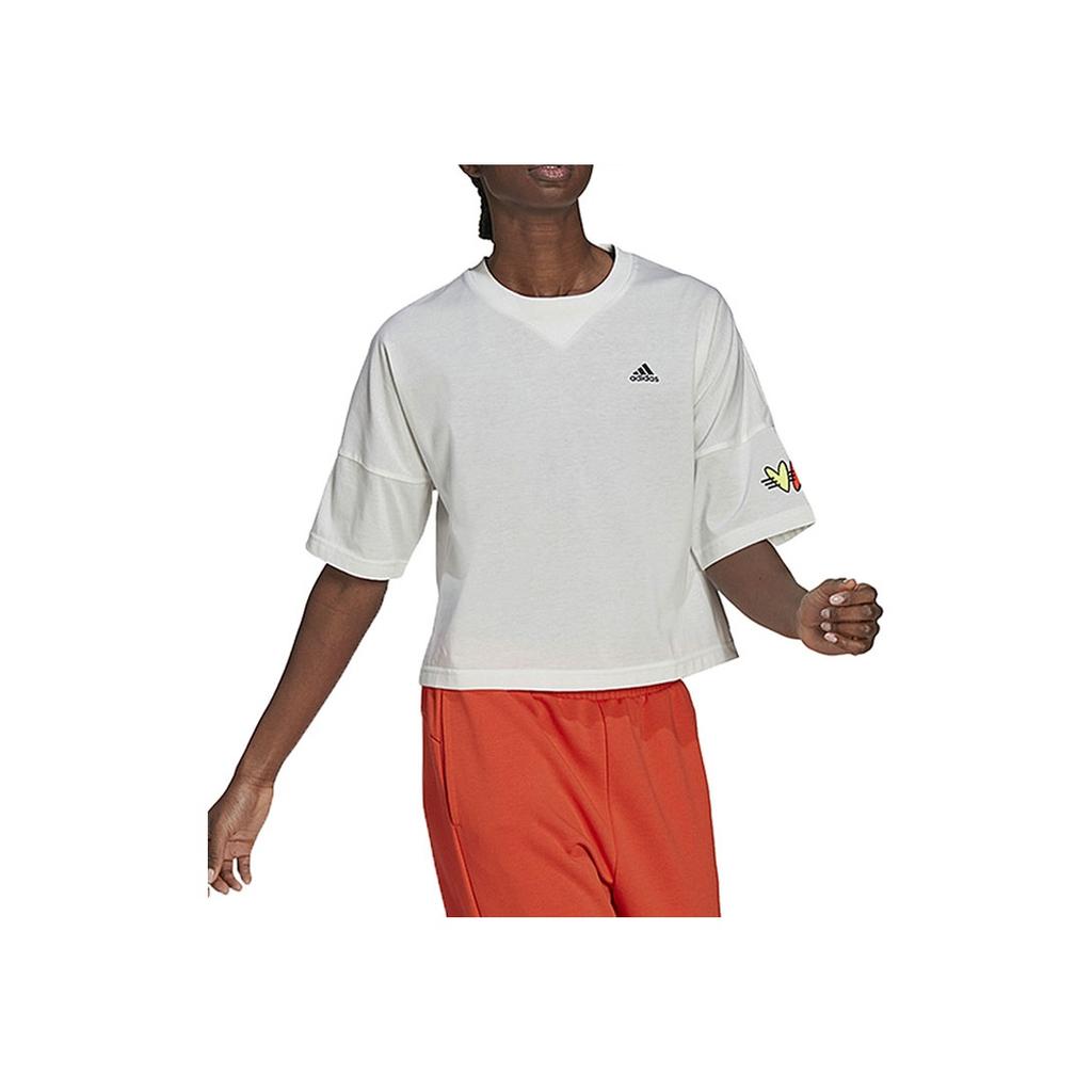 Adidas Укороченная футболка с круглым вырезом и короткими рукавами с логотипом алфавита, женские топы, белые H67199