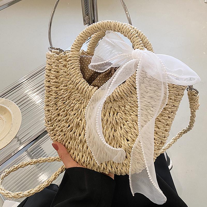 Yogodlns Соломенная сумка женская сумка ручной работы в форме луны с кружевным бантом, сумка из ротанга, большая вместительная повседневная пляжная сумка через плечо на шнурке