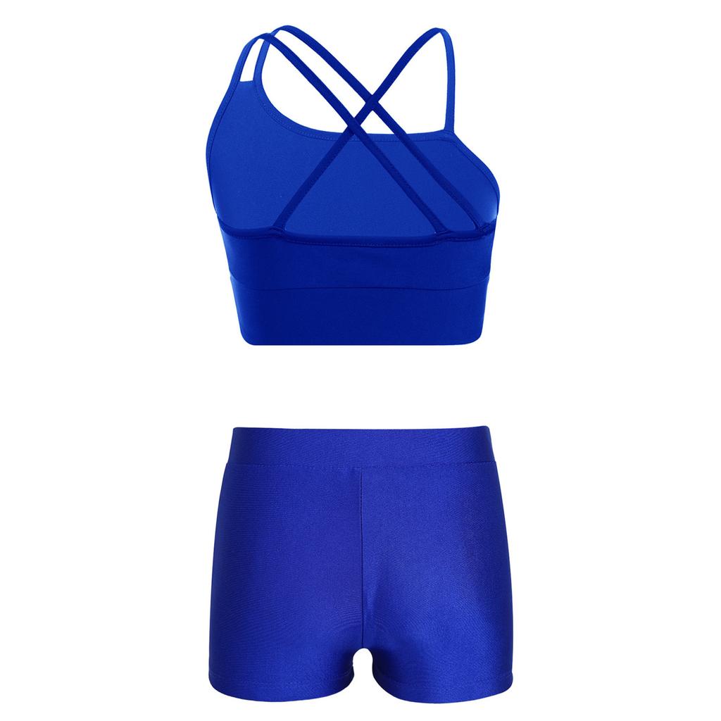 Kids Girls Asymmetrical Strappy Crop Top with Shorts for Sports Gymnastic Workout