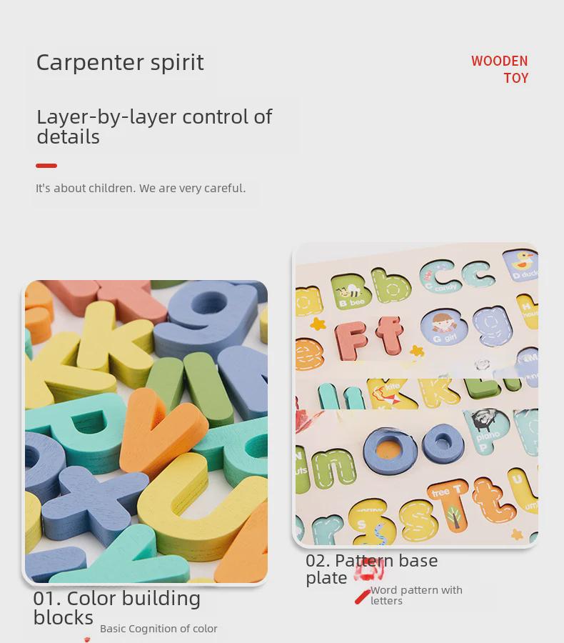 Деревянный обучающий пазл: 3D-конструкторы для детей от 3 до 6 лет — английские буквы и цифры.