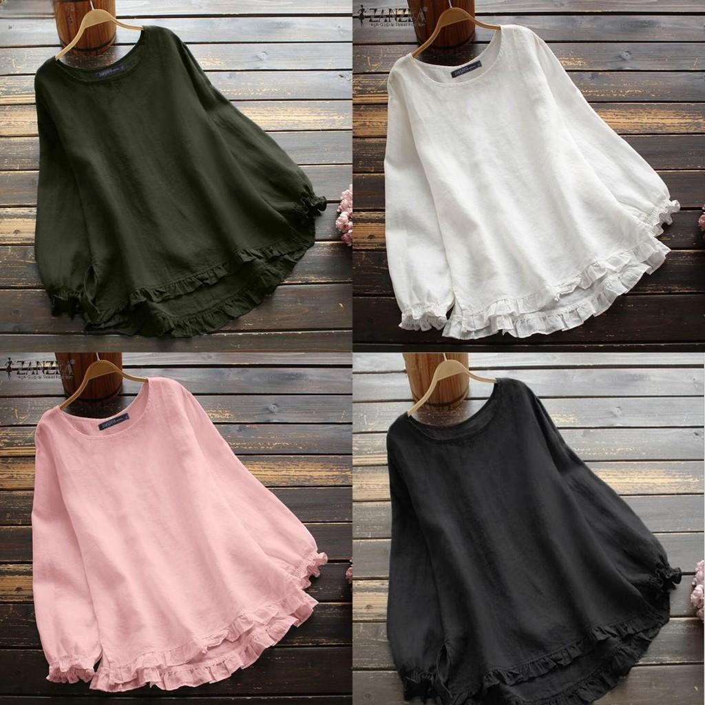 Cotton Linen Blouse With Ruffle Hem And Loose Fit For Casual Women
