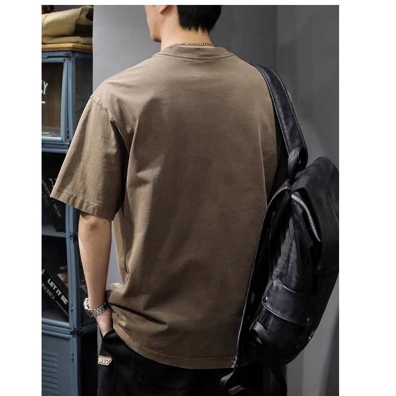 Мужская винтажная футболка из выстиранного хлопка - Ретро, Тяжеловесная, Рубчатый вырез горловины, Короткий рукав, Свободный крой