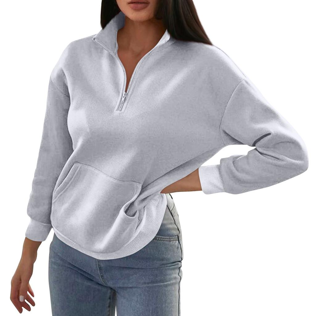 Women's Fashion Autumn And Winter Solid Colour Zipper Pocket Standing Collar Casual Sweatshirt