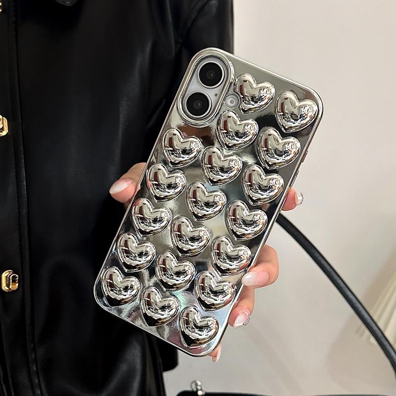 Simple Stylish Silver Love Heart Phone Case For iPhone 17 Air 11 12 13 14 15 16 Pro Max Glossy TPU Protective Back Cover