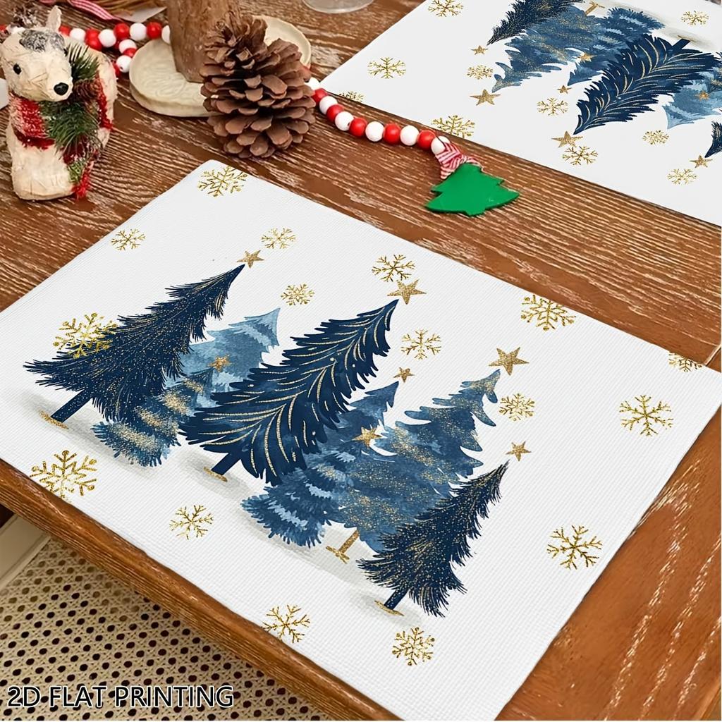 4pcs/6pcs Christmas Placemats for Dining Table, Navy Golden Xmas Trees Kitchen Table Mat, Coffee Mat, Home Decoration, Suitable for Daily Holiday Kitc