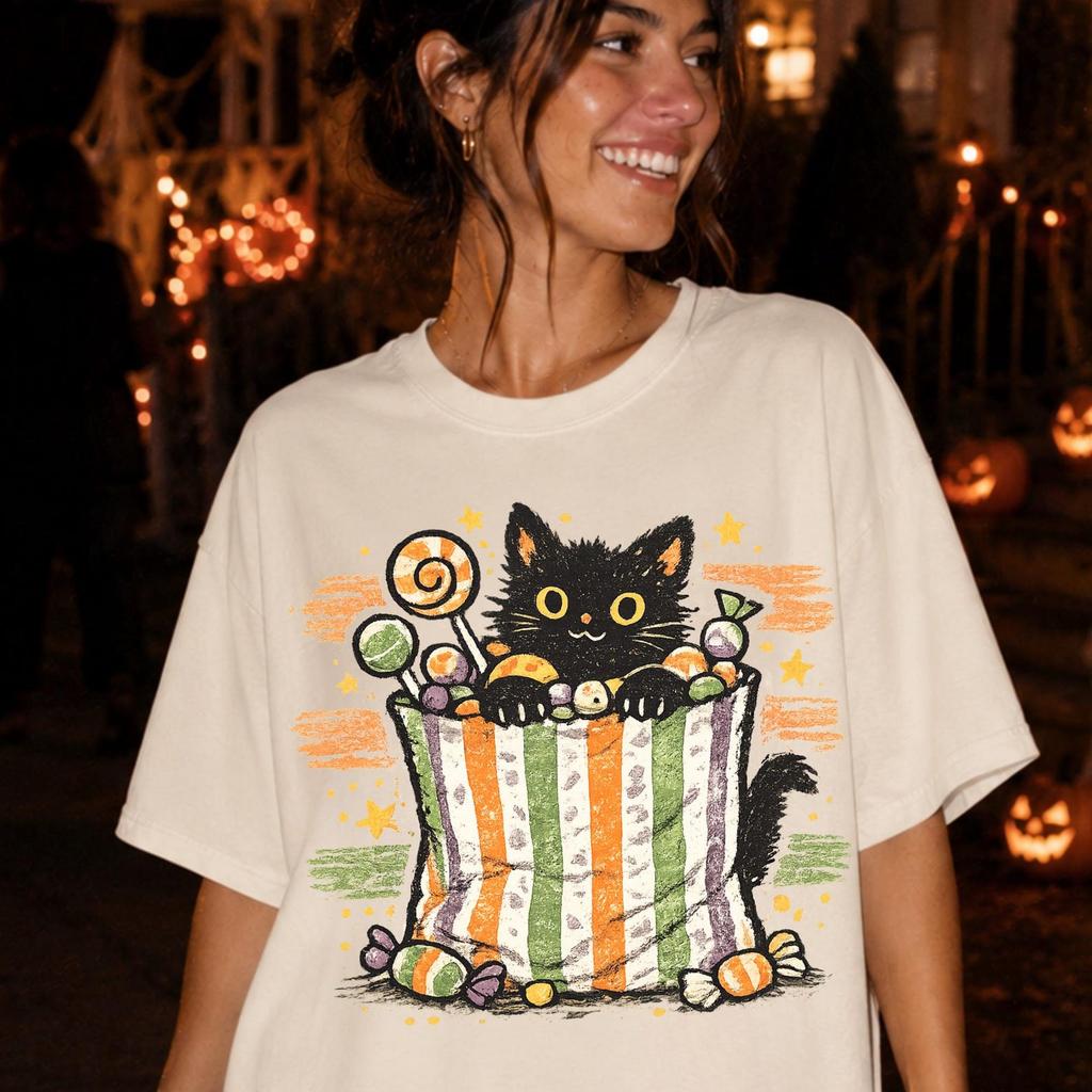 Black Cat Halloween Shirt, Candy Bag Graphic Tee, Trick or Treat