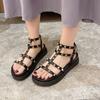 Fashion Sandals Women's New Summer Platform Roman Rivet Flat Bottom Shoes Casual Ankle Buckle Open Toe Heighten Black Sandales Zapatos