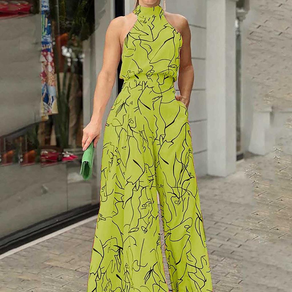 Женский темпераментный элегантный комбинезон без рукавов с завязками на талии и подвесным воротником с принтом