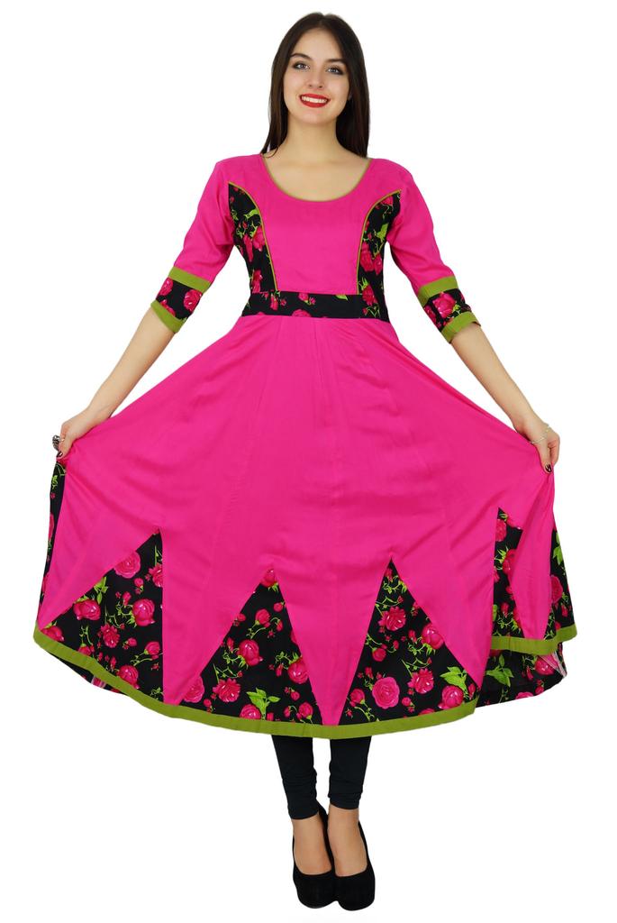 Bimba Women Cotton Dress Long Flaired Kurta 3 4 Sleeve Kurti Indian Chic