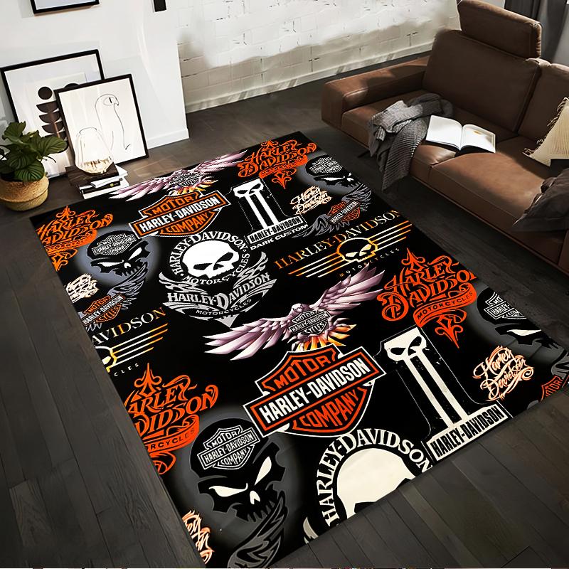 Harley Davidson Inspired Carpet with Skull, Wings, and Logo Designs Suitable for use as an anti-slip for living room bedroom sofas