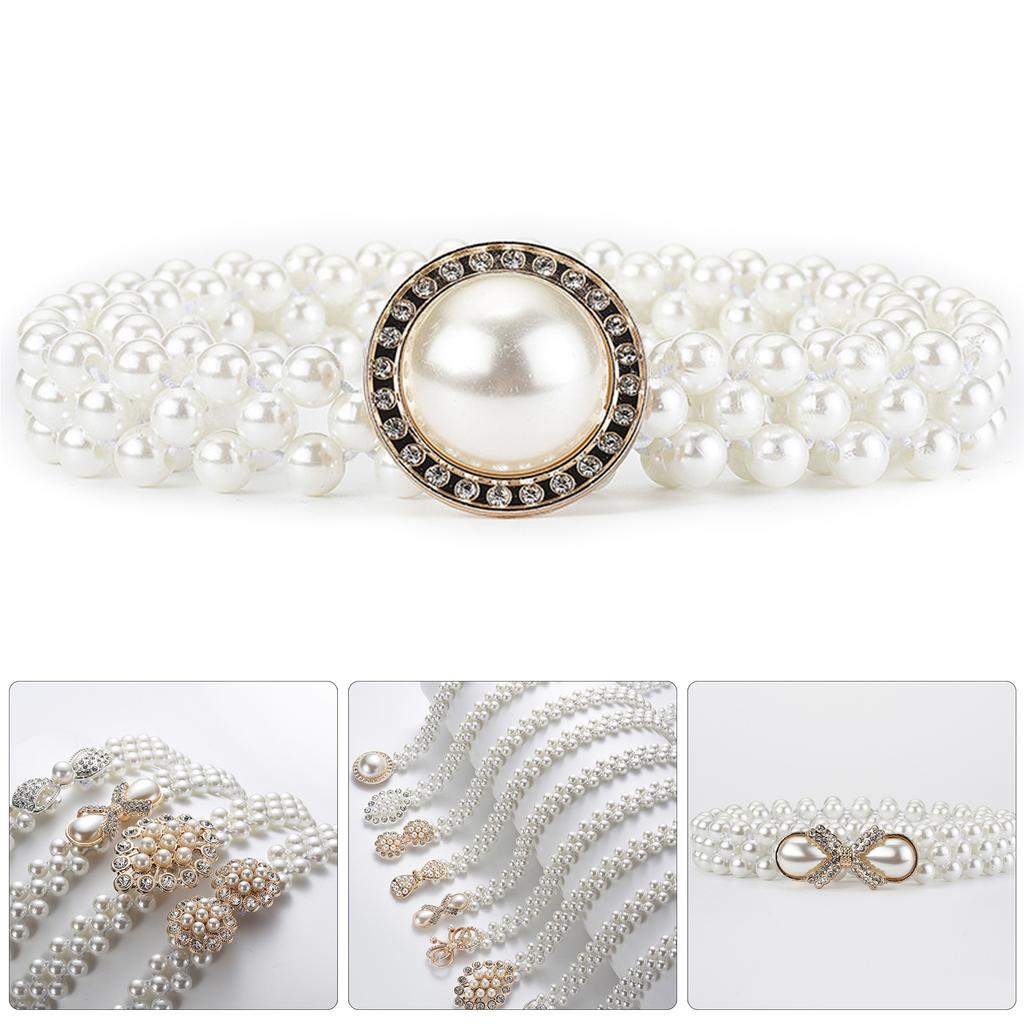 Elegant Adjustable Waist Accessory Elegant Pearls Waist Belt with Rhinestones Accent Stylish Waistband Adornment