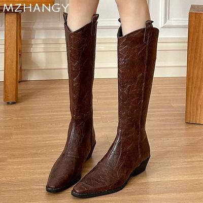 Модные женские кожаные сапоги с острым носком, массивные сапоги до колена, женские зимние модные низкие каблуки, новые мотоциклетные сапоги Mujer