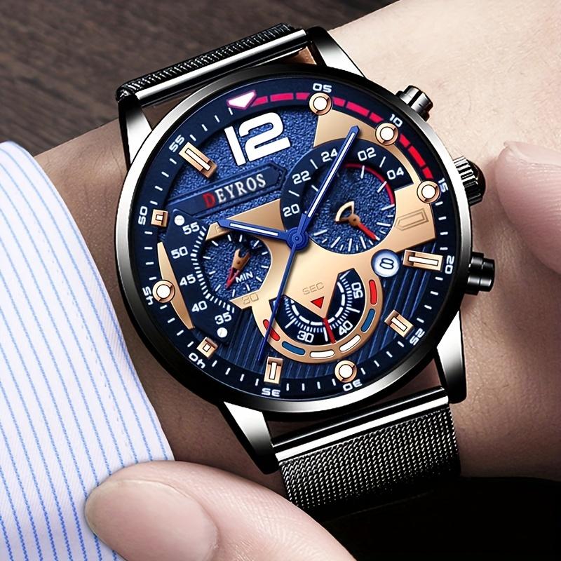 DEYROS Мужские часы с календарем, модные деловые кварцевые часы с сетчатым ремешком, мужские часы