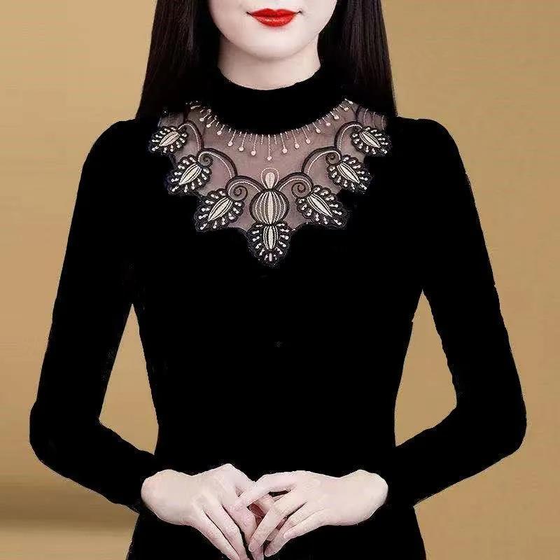 Осенне-зимняя женская нижняя рубашка, черная кружевная футболка с длинными рукавами, внутренний топ больших размеров