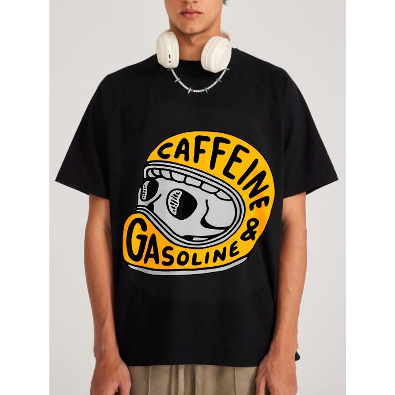 Футболка Caffeine and Gasoline Черный принт с черепом Повседневная уличная одежда Мужской топ для повседневной носки и городского стиля