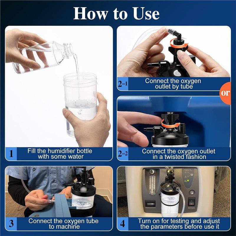 Portable Oxygen Humidifier Bottle, 2 Pack With 12" Adapter Tubing O2 Delivery System Humidification