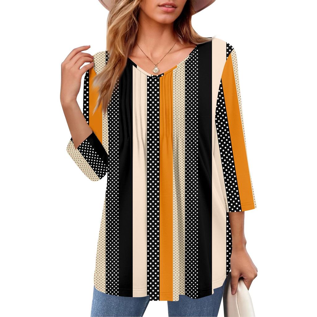 Женские топы с V-образным вырезом и рукавом три четверти в полоску, плиссированные, повседневные, летние, модные, рубашки