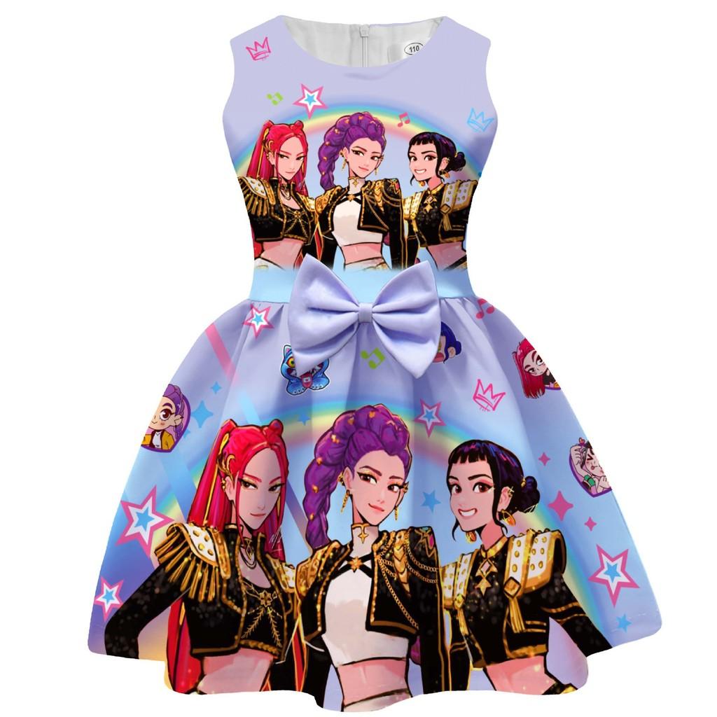 Детское платье для девочек с принтом персонажей из фильма POP Rumi Zoey Mira, без рукавов, с бантом, повседневное, для вечеринки, принцессы