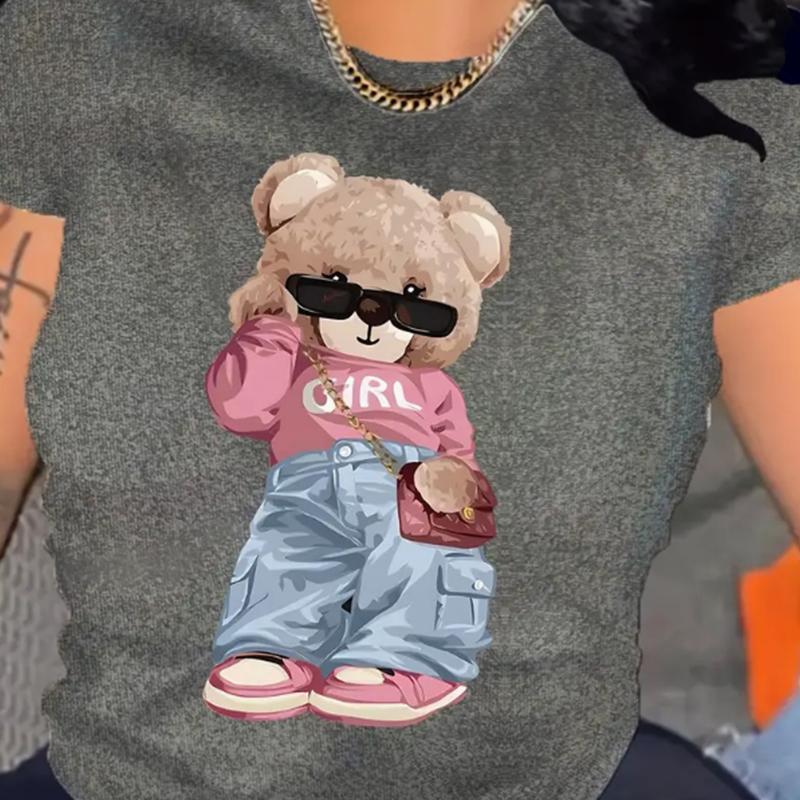 Футболка с милым принтом медведя, короткий рукав, круглый вырез, повседневный топ для лета и весны, женская одежда