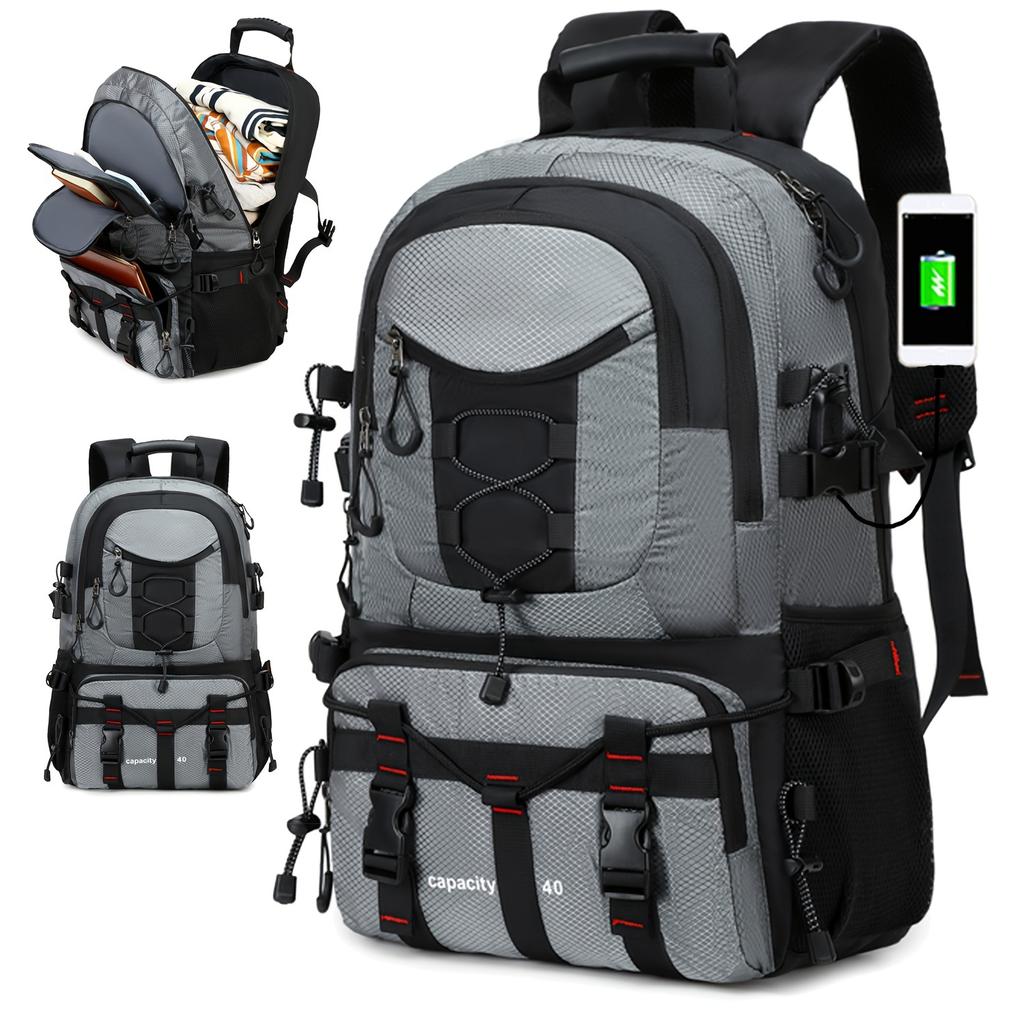 Lightweight 10.57gal Travel & Hiking Backpack with USB Charging Port, Adjustable Straps, Durable Polyester, Fits 17-inch Laptop
