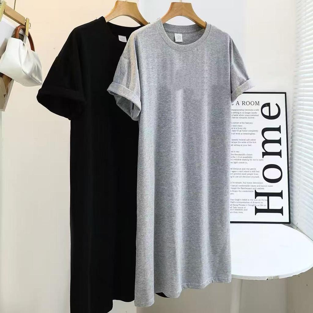 A Large-sized Short-sleeved Casual Dress for Women In Summer, A New Loose Solid Color Mid-length Over-the-knee Slit T-shirt Dress