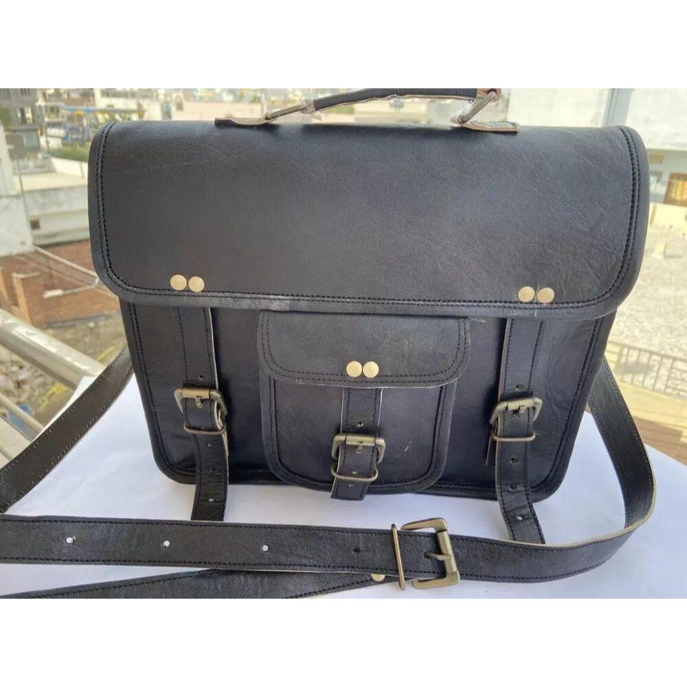 13" Black Messenger/Briefcase/Shoulder/Laptop Bag. Goat Leather.